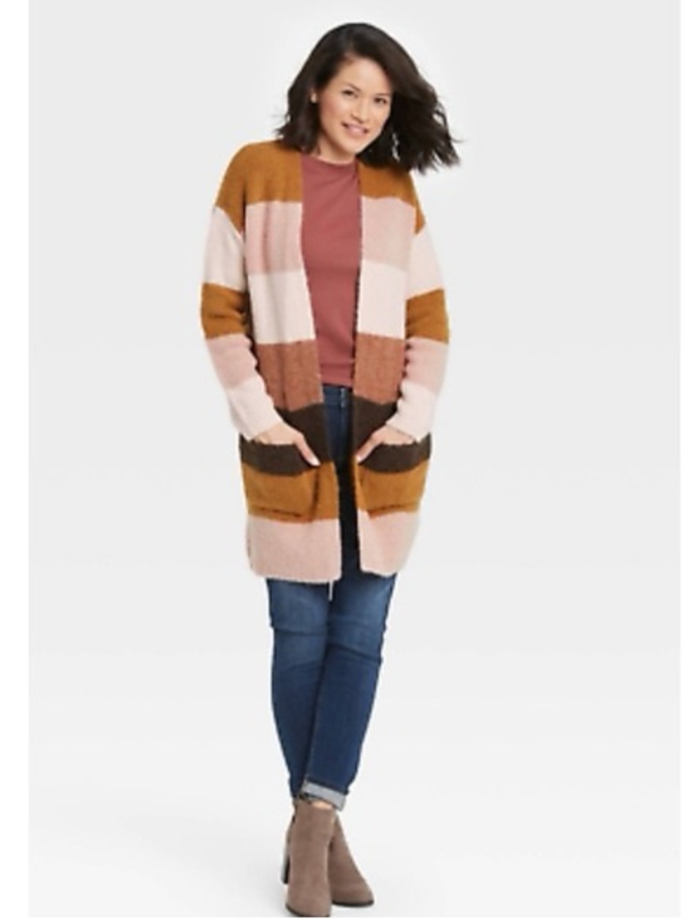 Knox Rose Medium Striped Cozy Longline Sweater Cardigan Pink Brown Pockets Fall